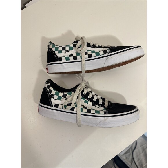 Vans Off the Wall US youth 7.0 Black/White/Green Checker Skate Canvas Sneaker - Picture 4 of 9